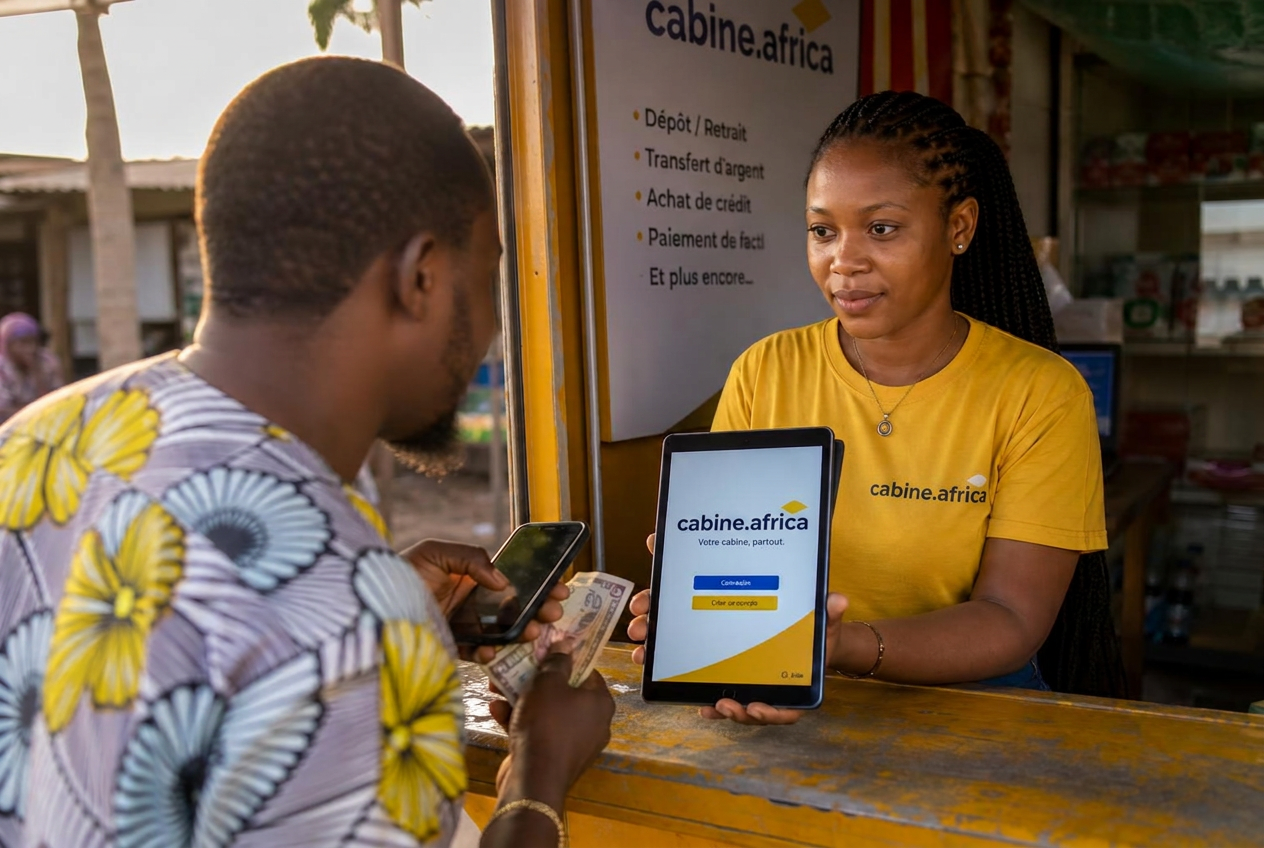 Agent cabine.africa servant un client avec une tablette